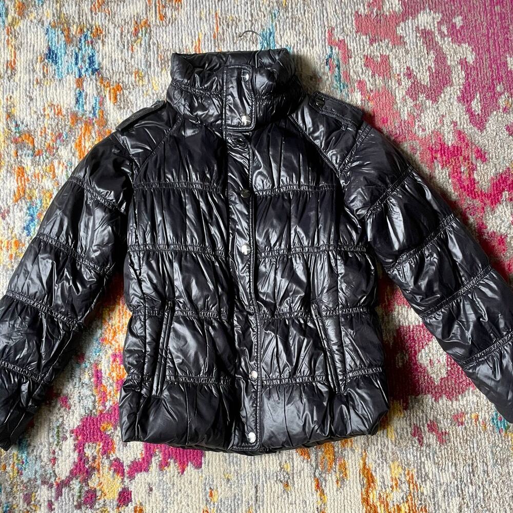 Burberry Black Goose Down Quilted Puffer Jacket sz M Medium Coat Shiny